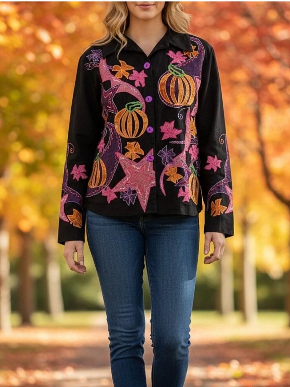 Hona to Be Halloween Blazer Jacket XXL Embroidered Pumpkin Witchy Spooky Black